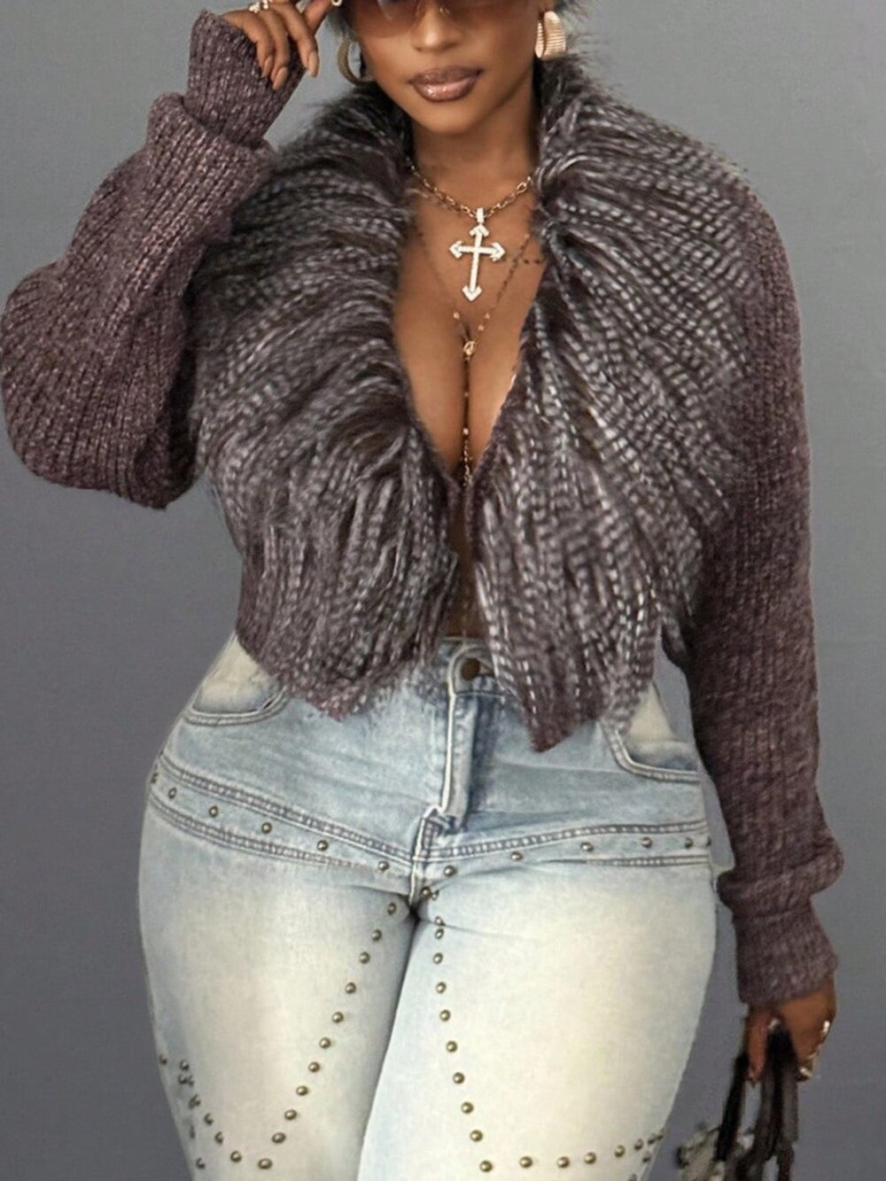 Casual Plus size Women's Crop Faux fur trimmed knit cardigan